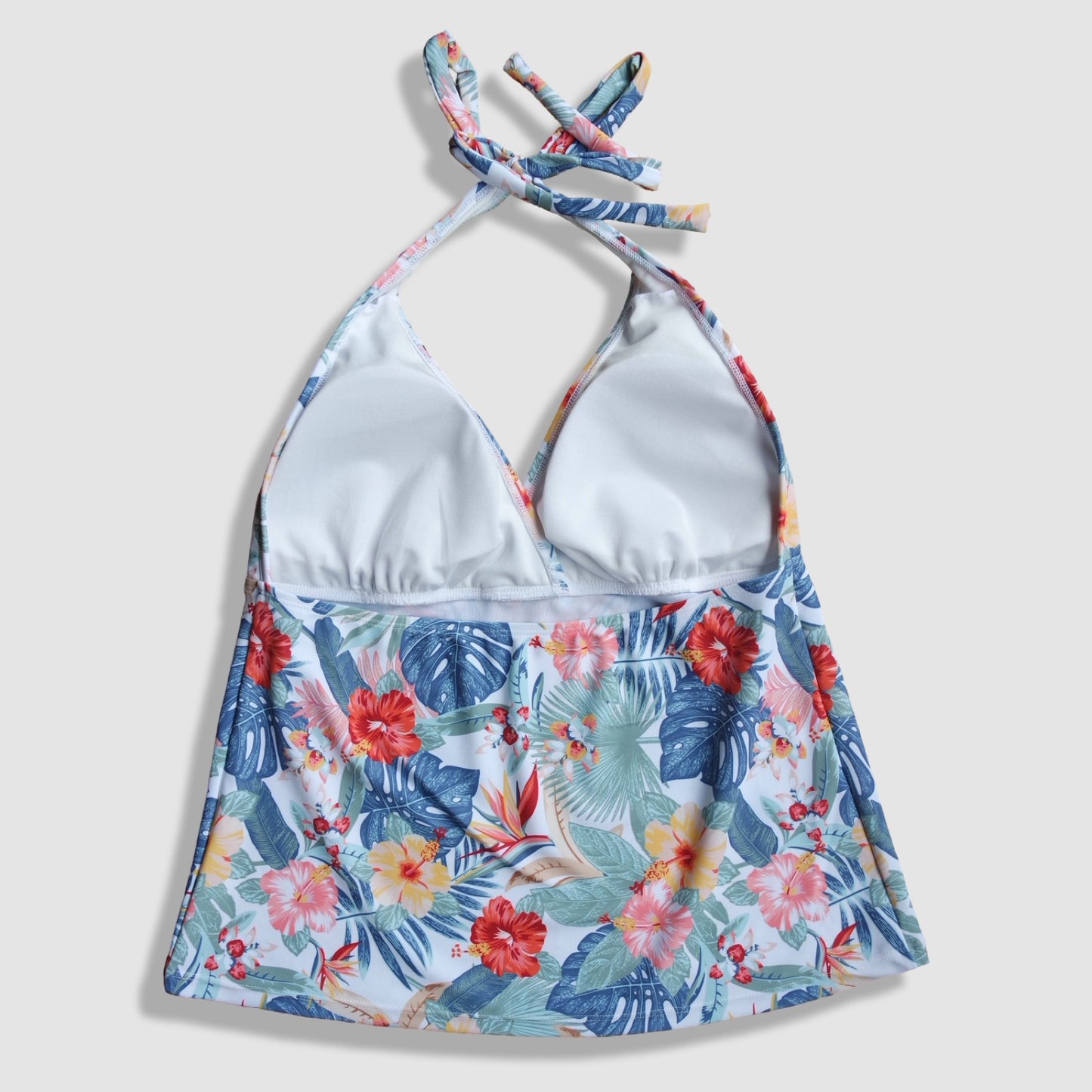 Two Piece Tying Halter Top Tankini Set - Blue Hawaiian Floral Pattern, with Navy Shorts