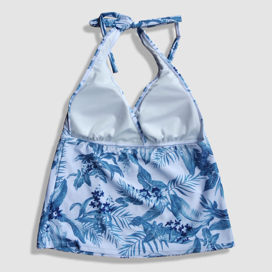 Two Piece Tying Halter Top Tankini Set - Blue and White Hawaiian Floral Pattern, with Navy Shorts