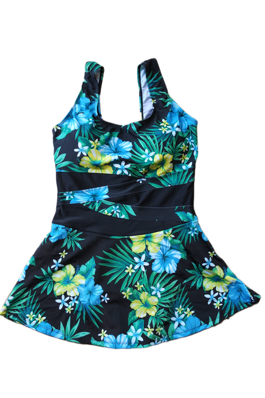 One Piece Skirt Swimwear - Green and Blue Hawaiian Multicolor