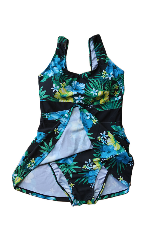 One Piece Skirt Swimwear - Green and Blue Hawaiian Multicolor