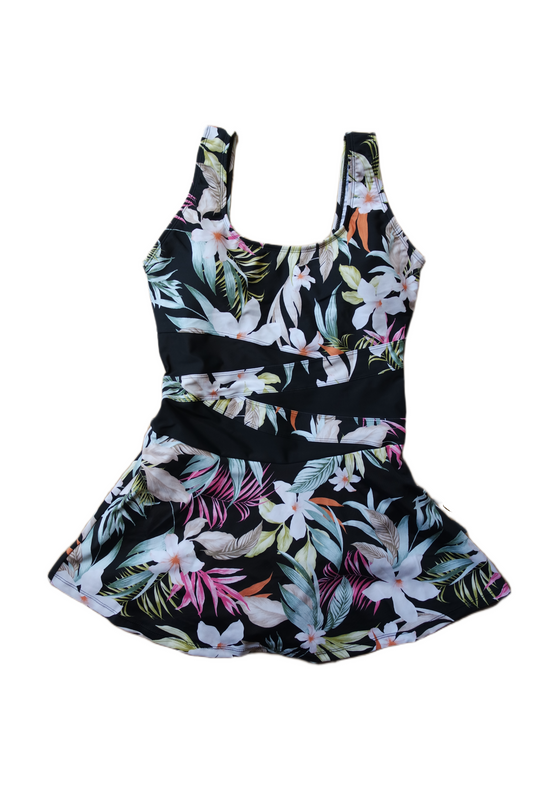 One Piece Skirt Swimwear - Black Hawaiian Multicolor
