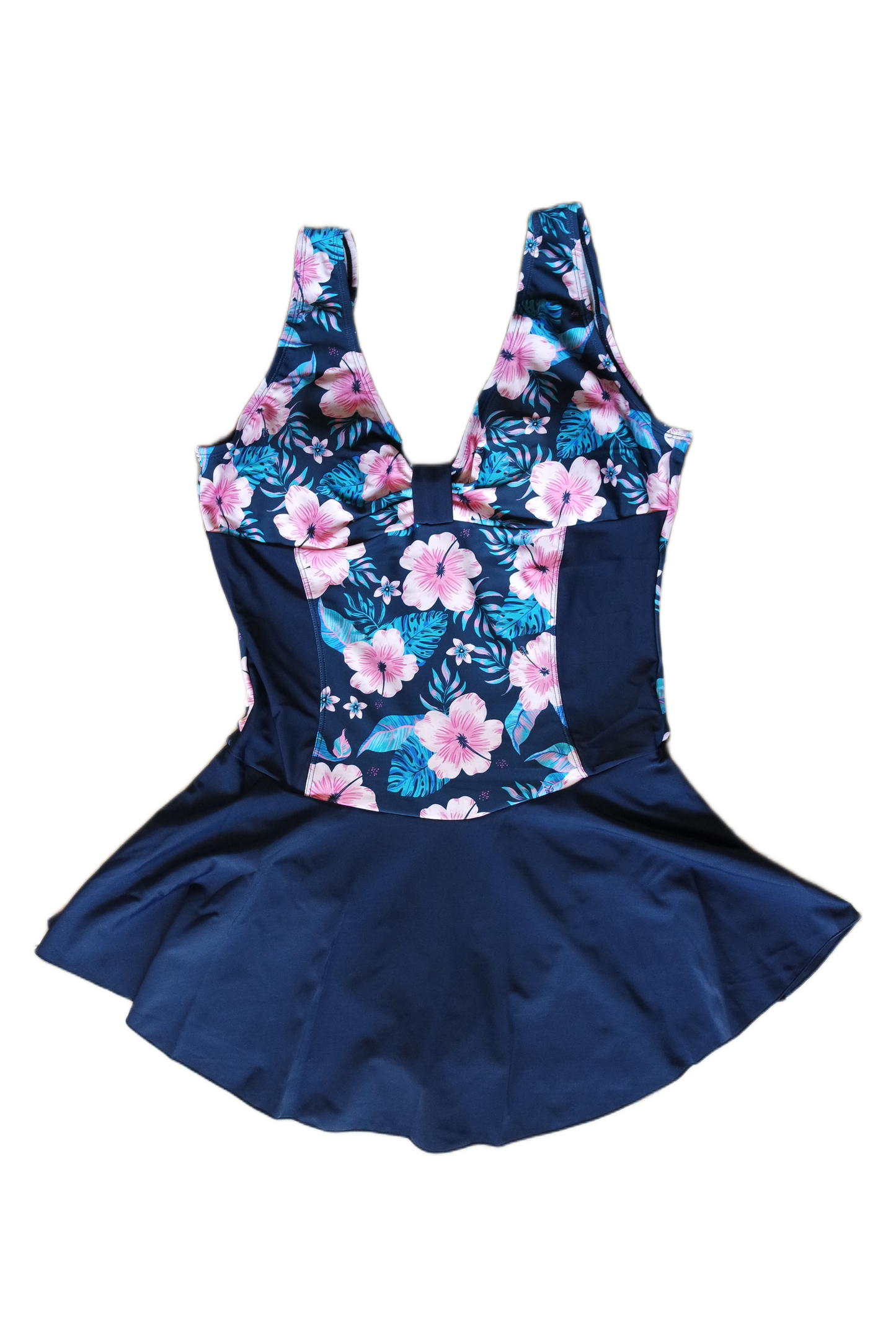 One Piece Skirt Swimwear - Navy Blue with Pink Flowers