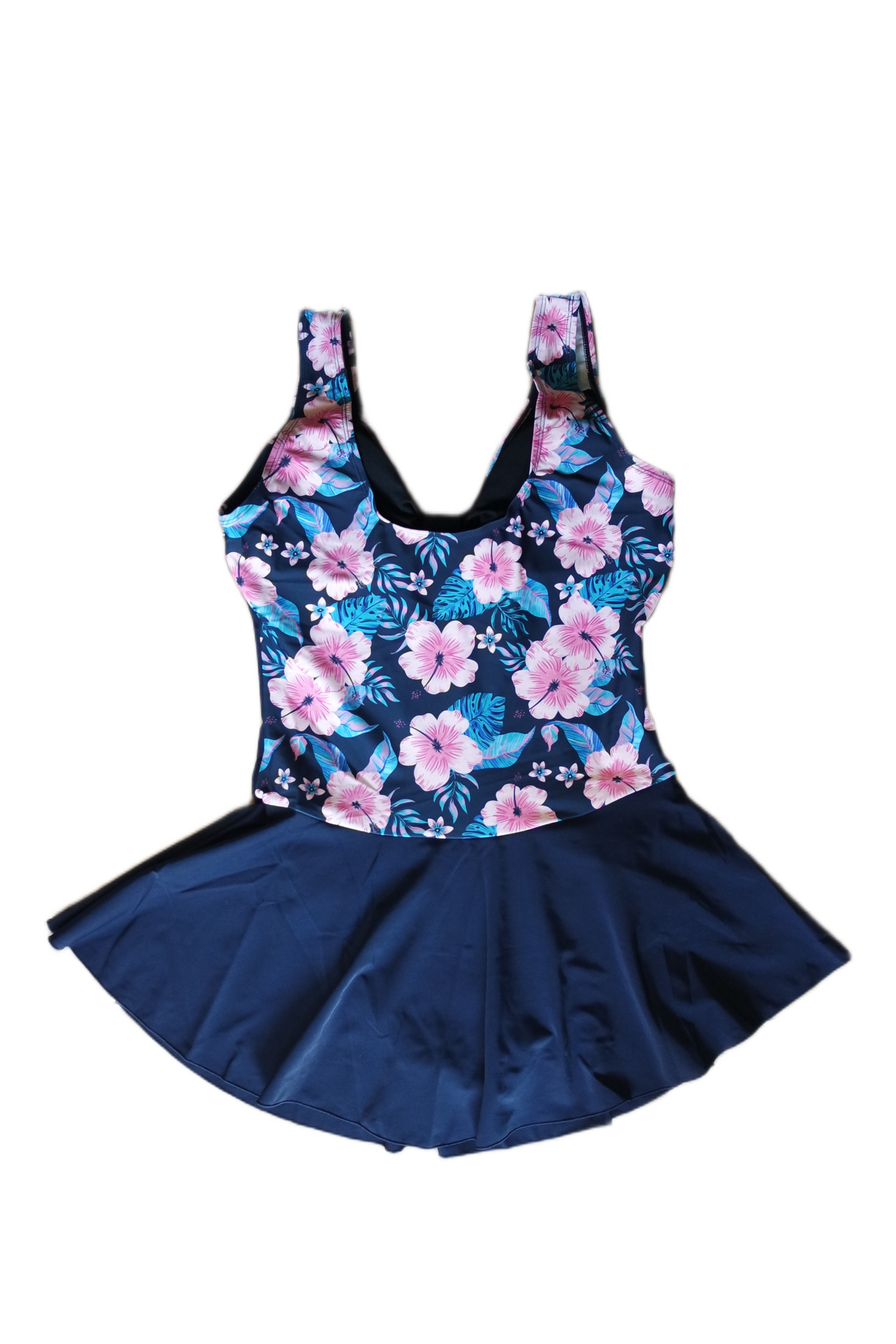 One Piece Skirt Swimwear - Navy Blue with Pink Flowers