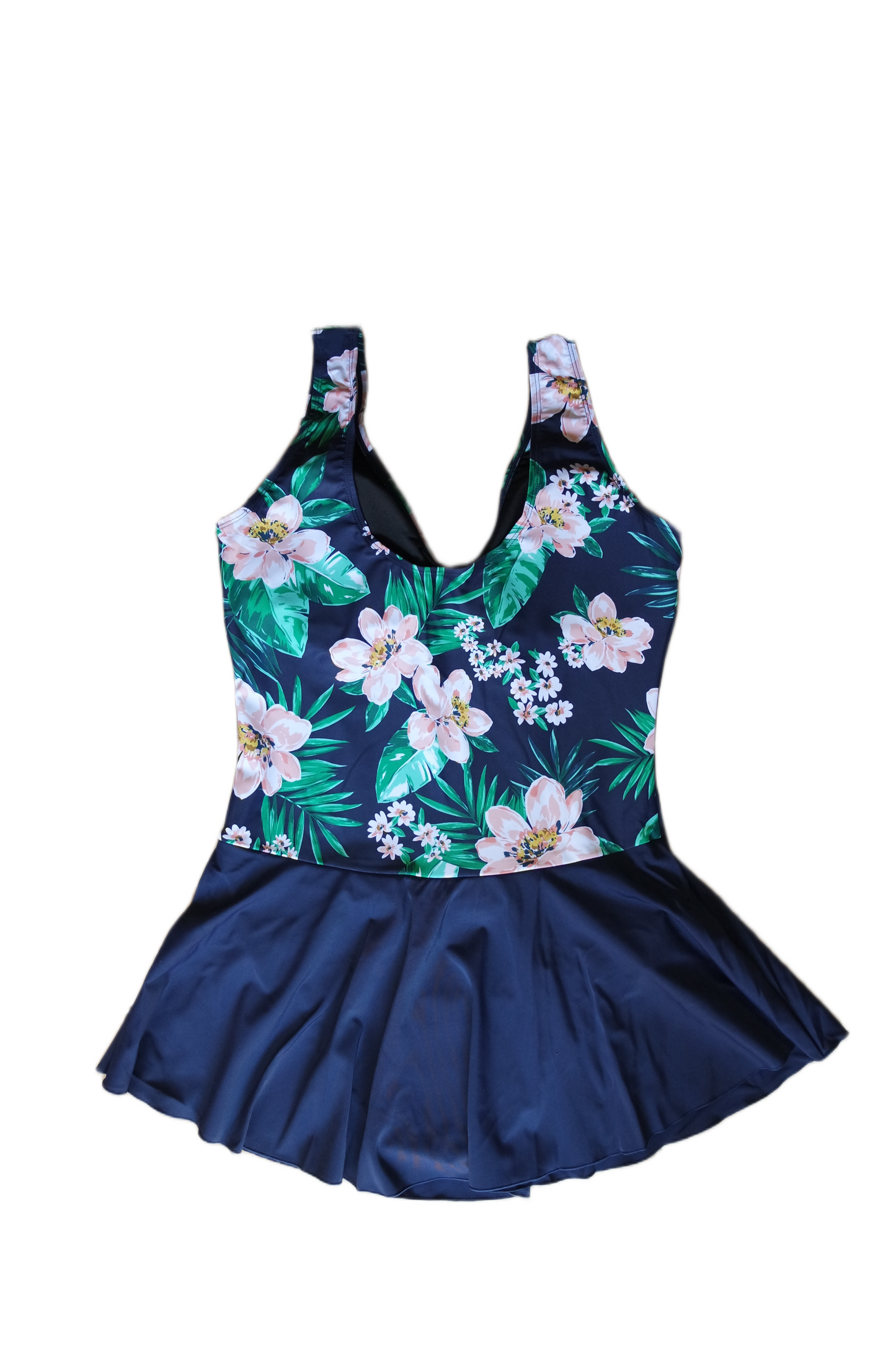 One Piece Skirt Swimwear - Navy Blue with Pink and Green Flowers