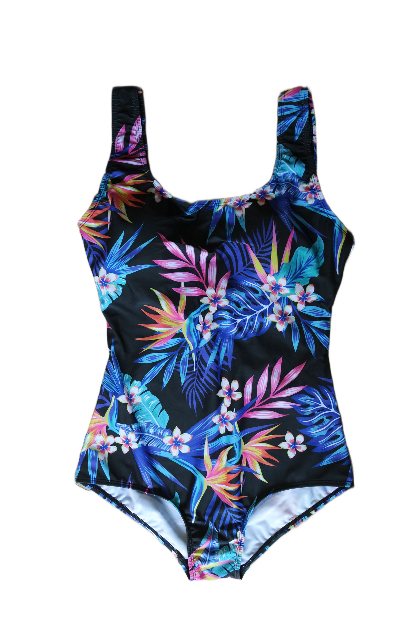 One Piece Swimwear - Black with Multicolored Floral Pattern