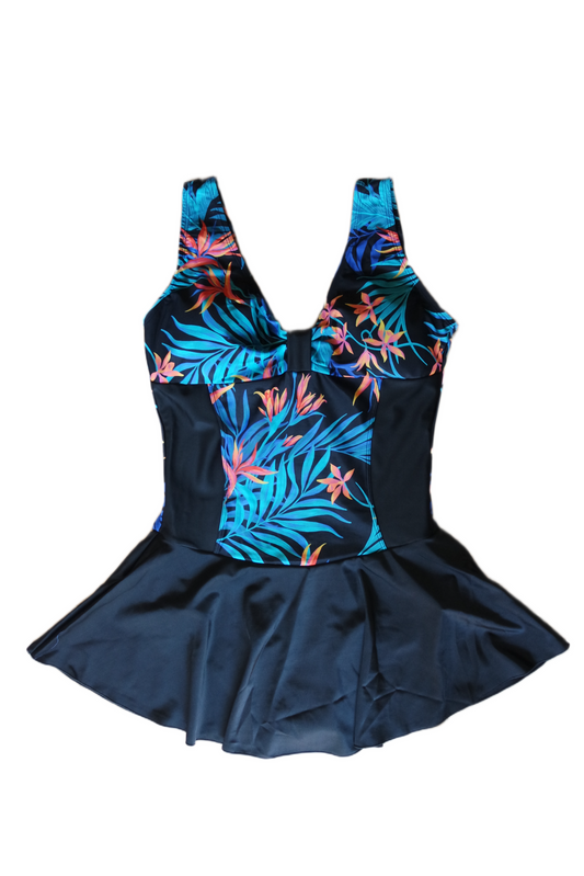 One Piece Skirt Swimwear - Black Hawaiian Multicolor 2