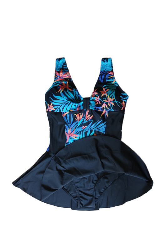 One Piece Skirt Swimwear - Black Hawaiian Multicolor 2