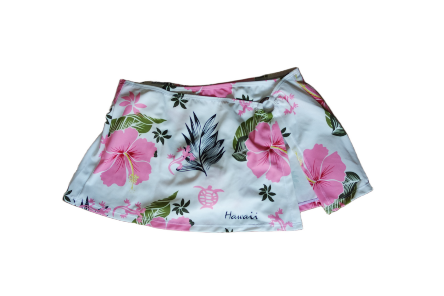 Two Piece Tying Bikini Halter Top Set - White with Pink Hawaiian Pattern, with Skirt