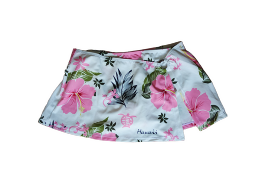 Two Piece Tying Bikini Halter Top Set - White with Pink Hawaiian Pattern, with Skirt