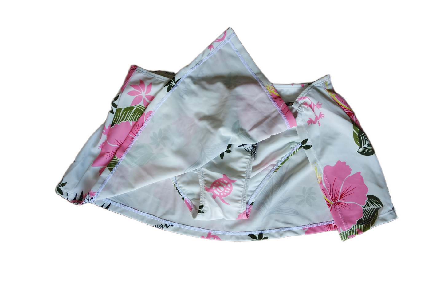 Two Piece Tying Bikini Halter Top Set - White with Pink Hawaiian Pattern, with Skirt
