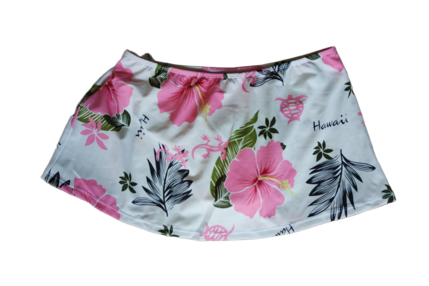 Two Piece Tying Bikini Halter Top Set - White with Pink Hawaiian Pattern, with Skirt