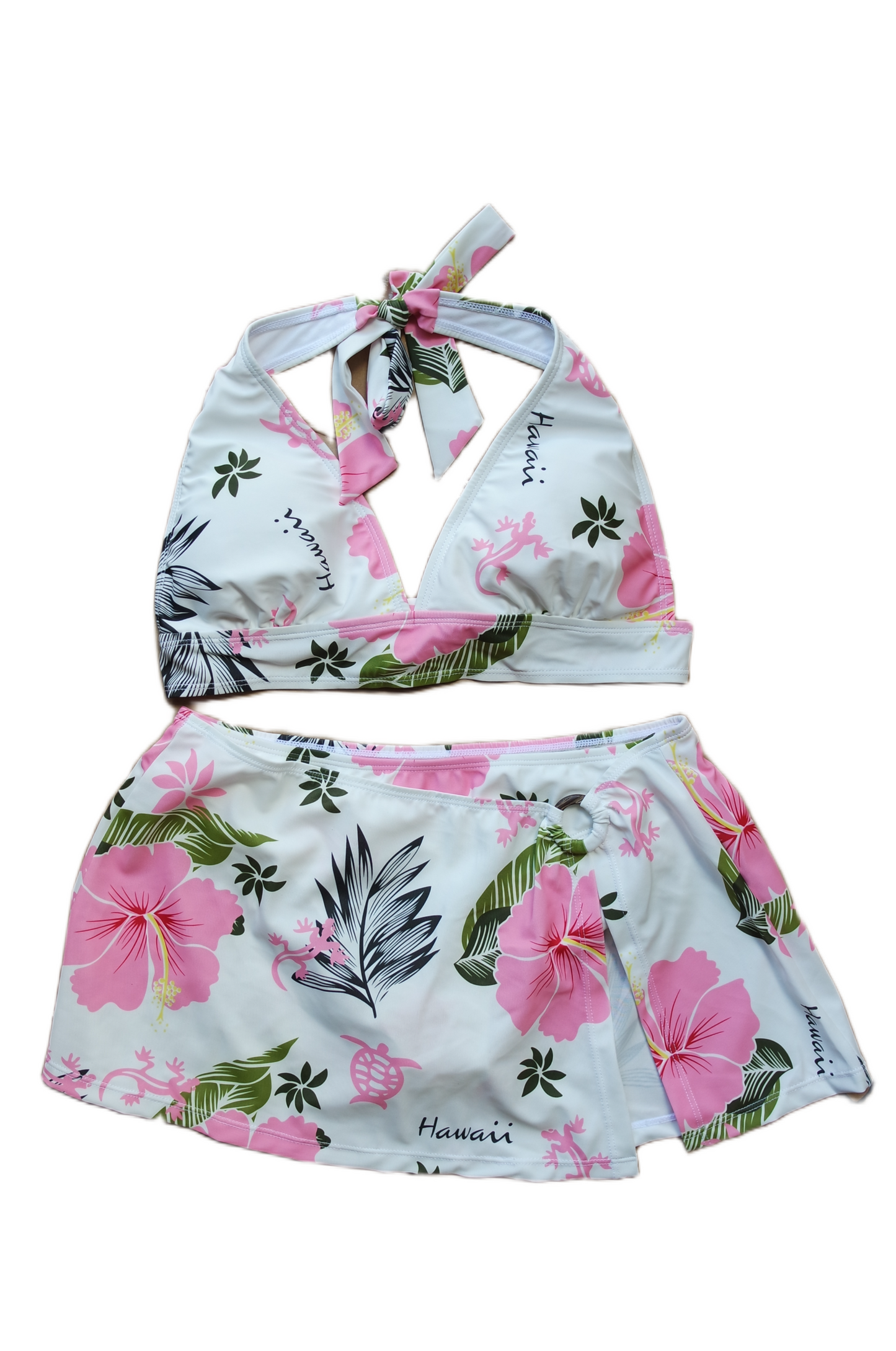 Two Piece Tying Bikini Halter Top Set - White with Pink Hawaiian Pattern, with Skirt