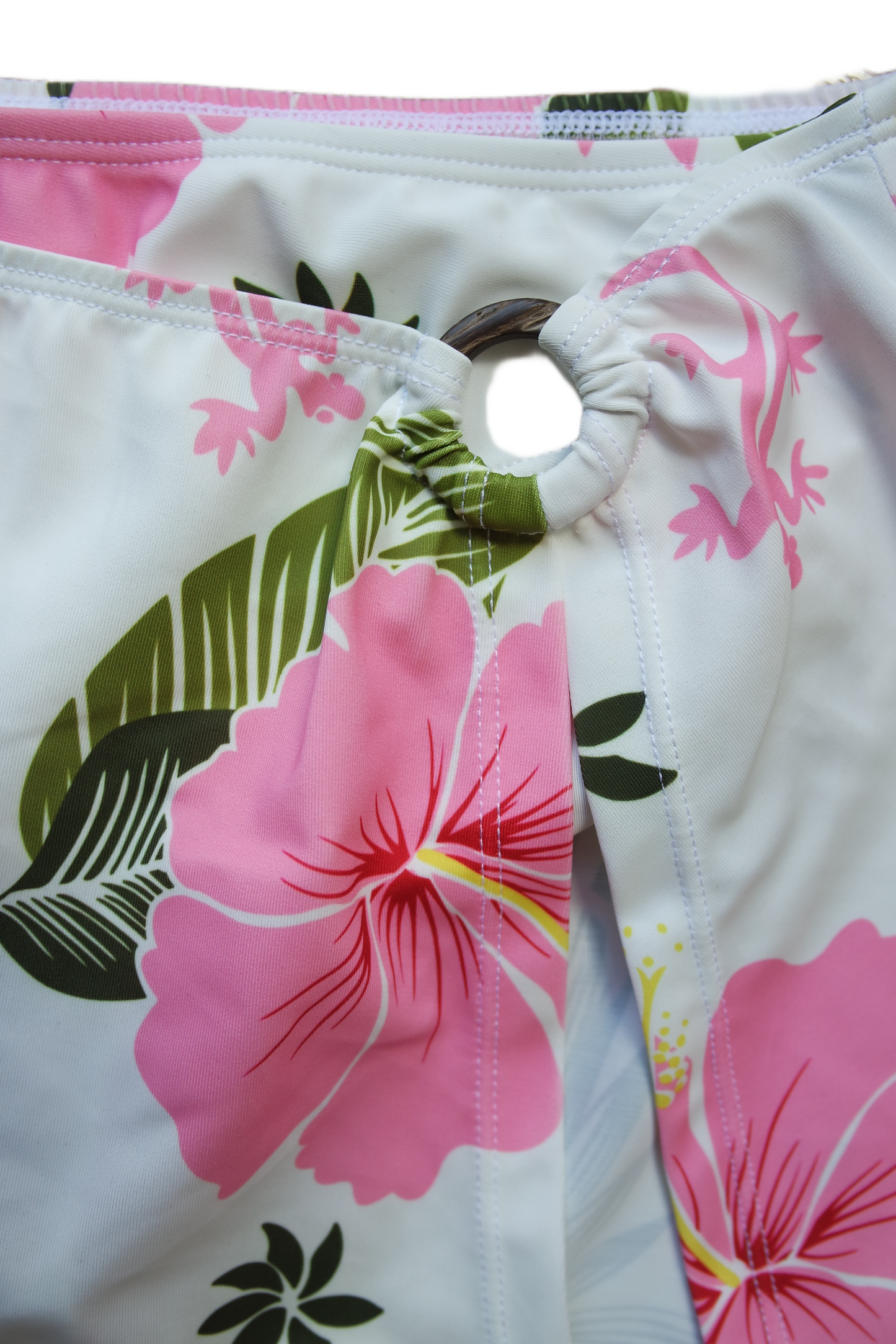 Two Piece Tying Bikini Halter Top Set - White with Pink Hawaiian Pattern, with Skirt