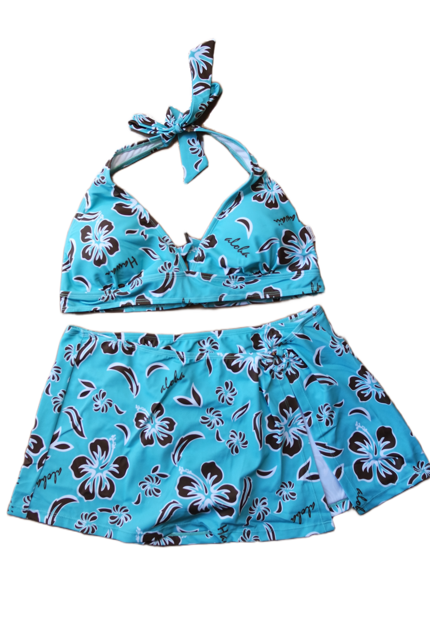 Two Piece Tying Bikini Halter Top Set - Teal with Brown Hibiscus Pattern, with Skirt