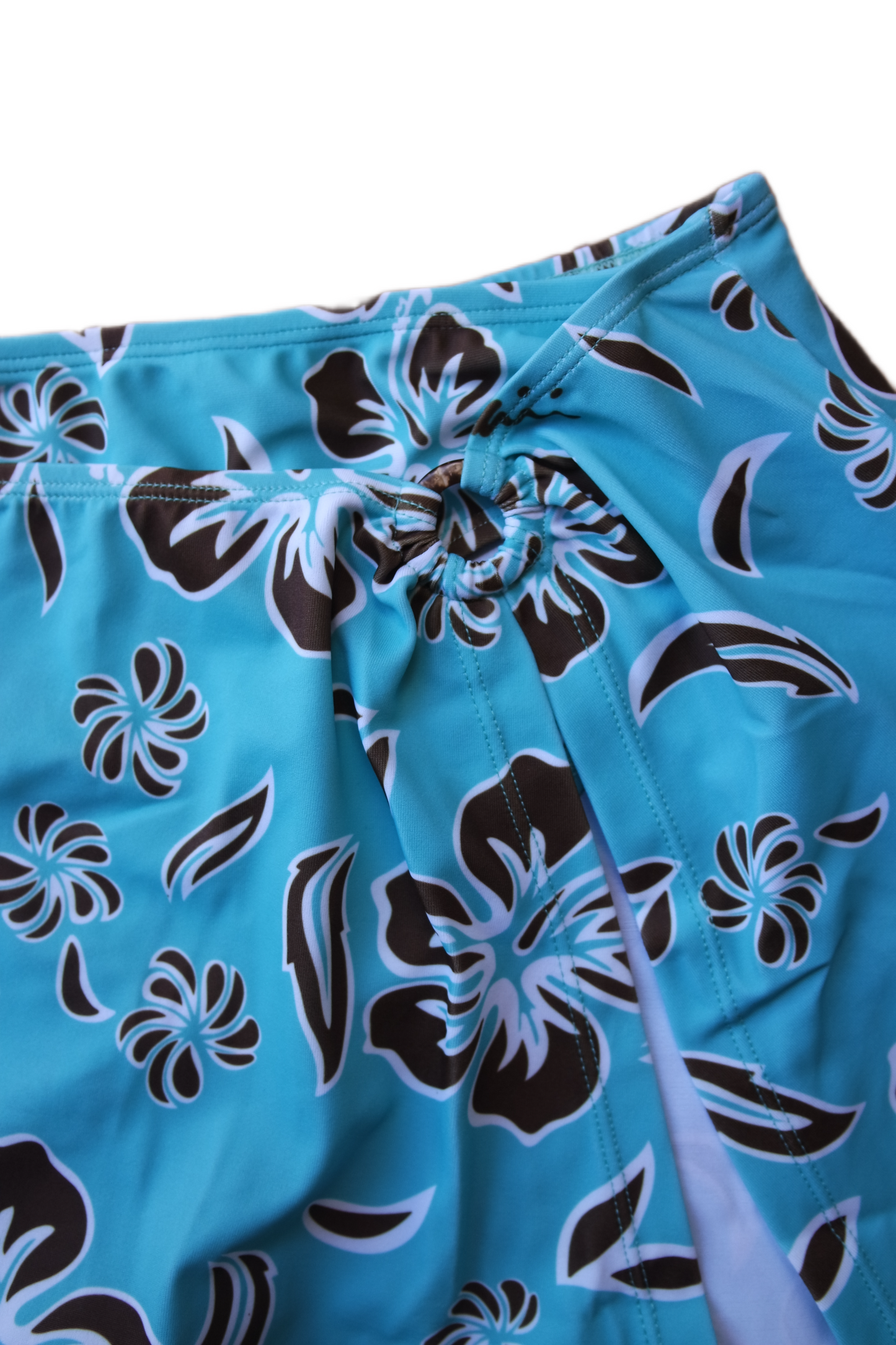 Two Piece Tying Bikini Halter Top Set - Teal with Brown Hibiscus Pattern, with Skirt