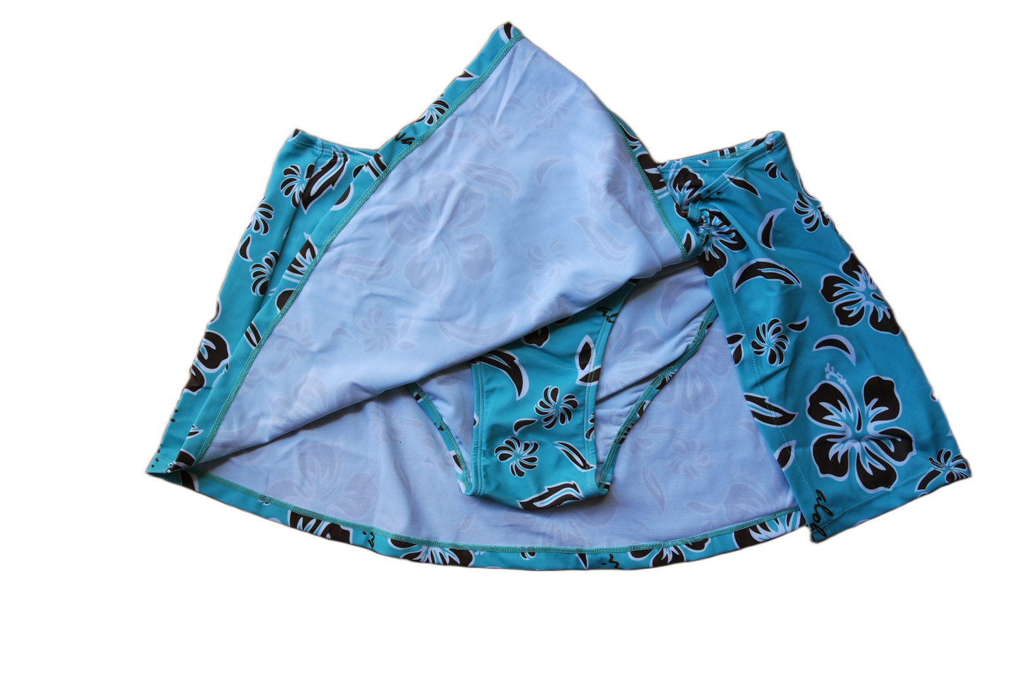 Two Piece Tying Bikini Halter Top Set - Teal with Brown Hibiscus Pattern, with Skirt