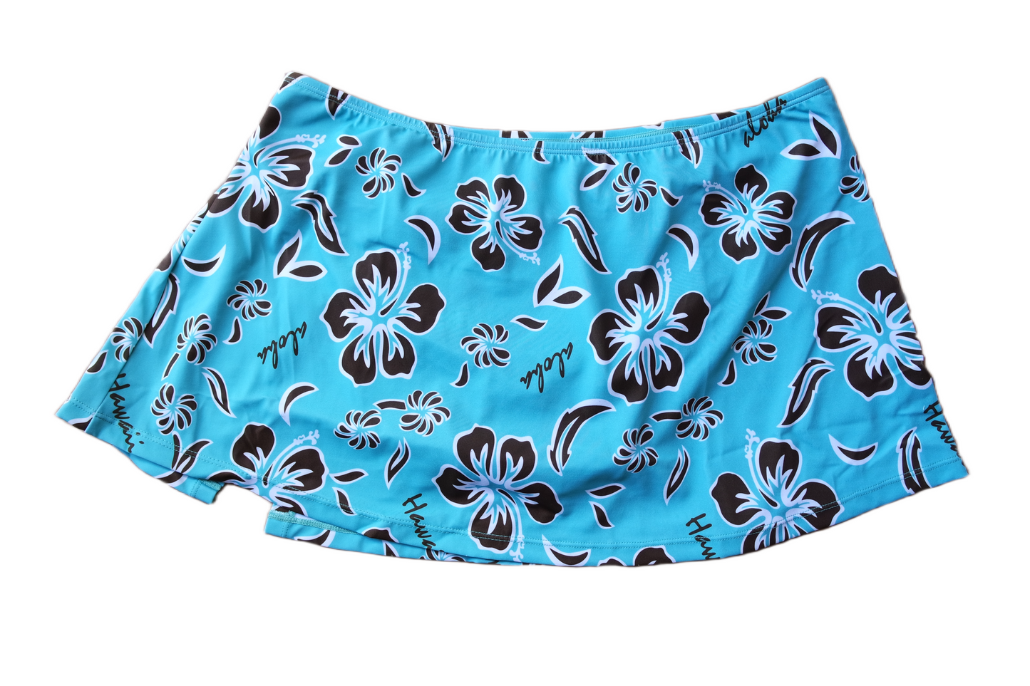 Two Piece Tying Bikini Halter Top Set - Teal with Brown Hibiscus Pattern, with Skirt