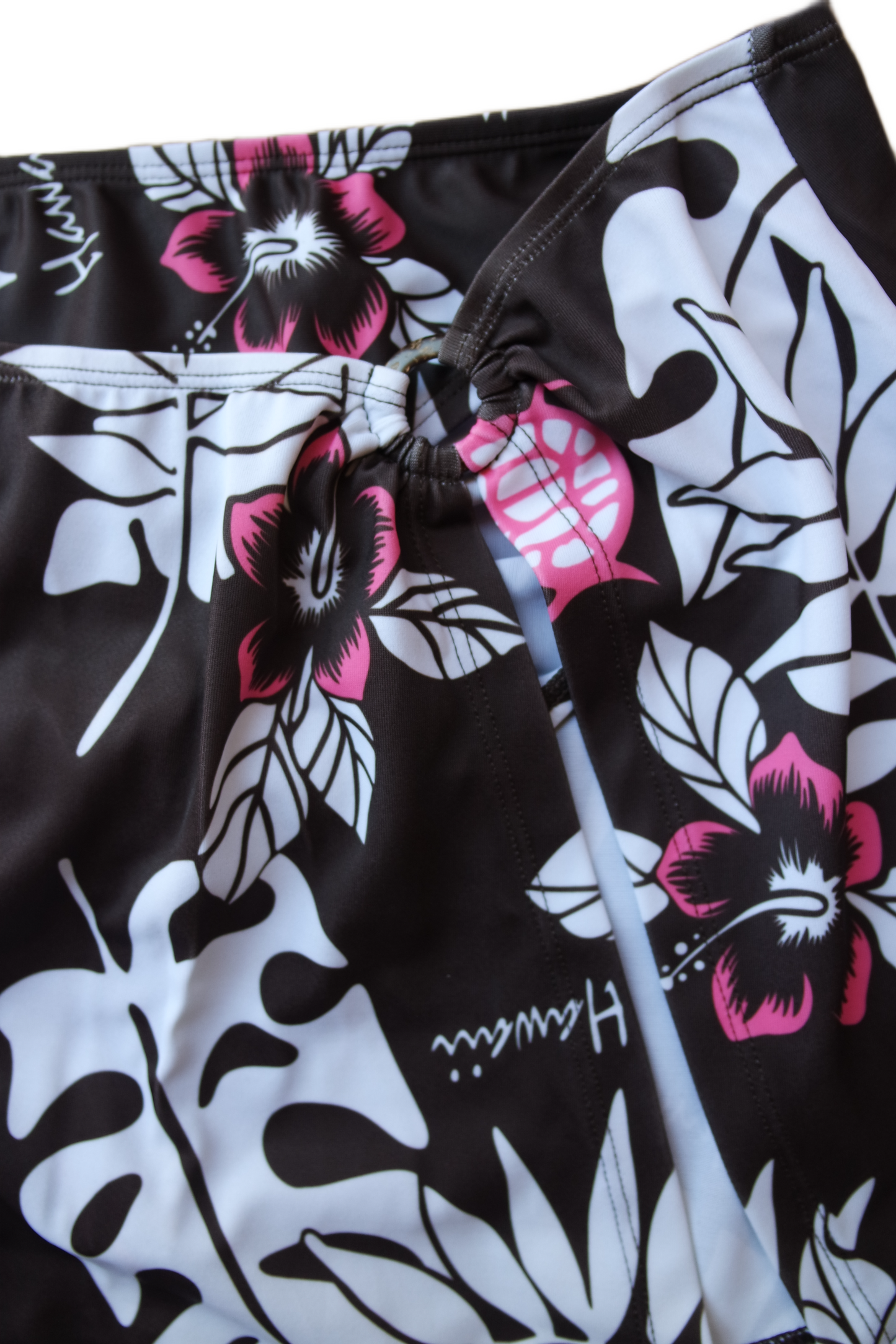 Two Piece Tying Bikini Halter Top Set - Brown with Pink Hawaiian Pattern, with Skirt