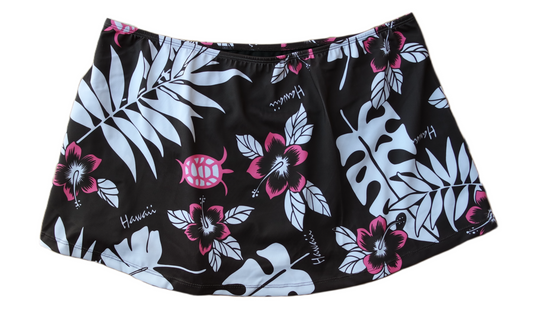 Two Piece Tying Bikini Halter Top Set - Brown with Pink Hawaiian Pattern, with Skirt