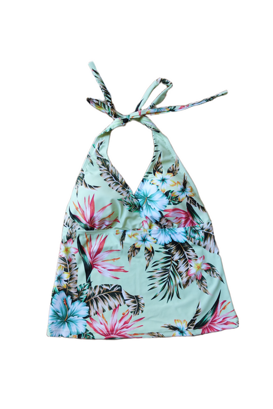 Two Piece Tying Halter Top Tankini Set - Multi-Colored Hawaiian Pattern with Black Shorts