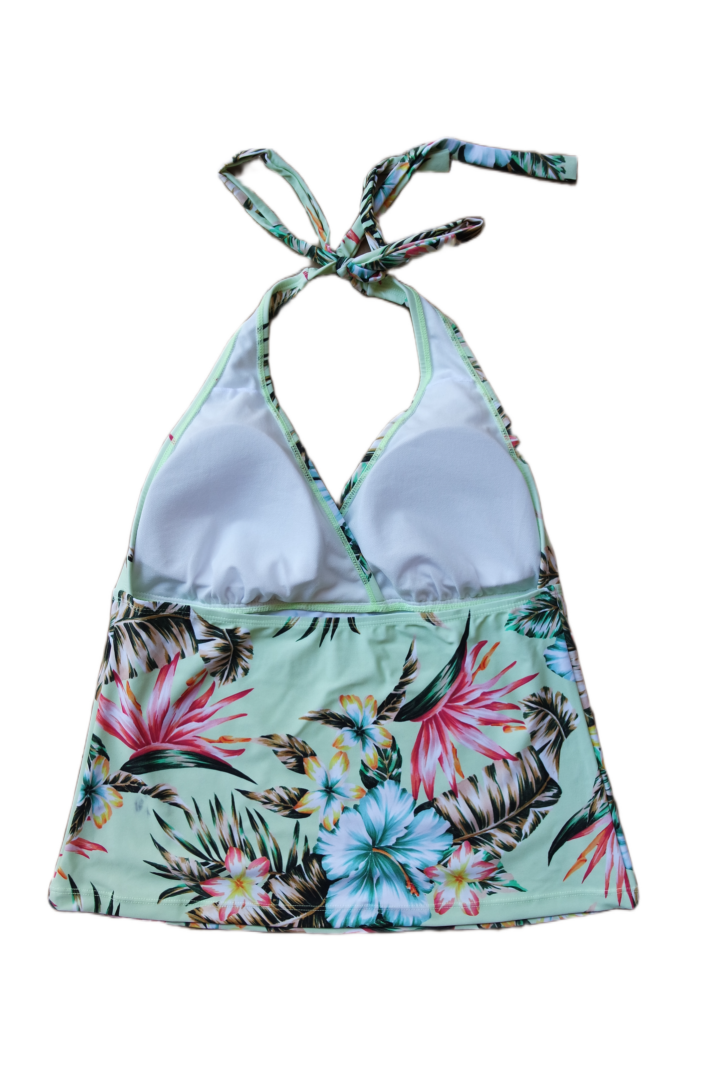 Two Piece Tying Halter Top Tankini Set - Multi-Colored Hawaiian Pattern with Black Shorts