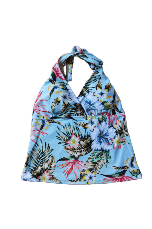 Two Piece Tying Halter Top Tankini Set - Multi-Colored Hawaiian Pattern with Black Shorts