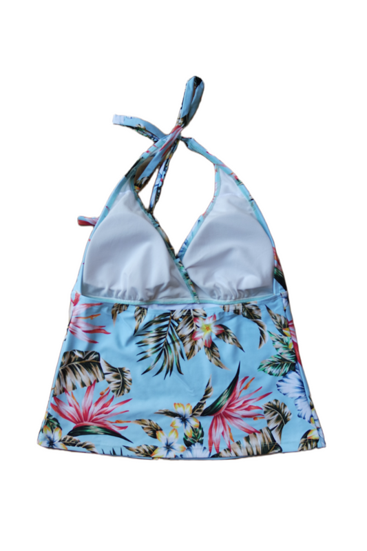 Two Piece Tying Halter Top Tankini Set - Multi-Colored Hawaiian Pattern with Black Shorts