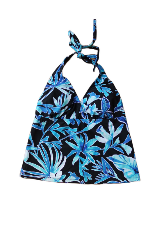 Two Piece Tying Halter Top Tankini Set - Black with Blue Flowers with Black Shorts