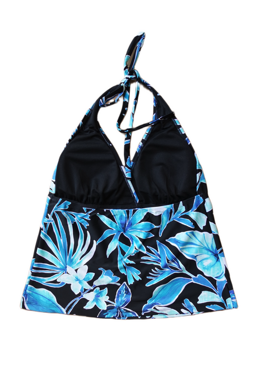 Two Piece Tying Halter Top Tankini Set - Black with Blue Flowers with Black Shorts