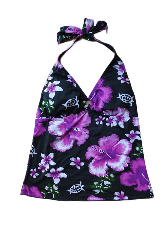 Two Piece Tying Halter Top Tankini Set - Black With Purple Hibiscus Pattern with Black Shorts
