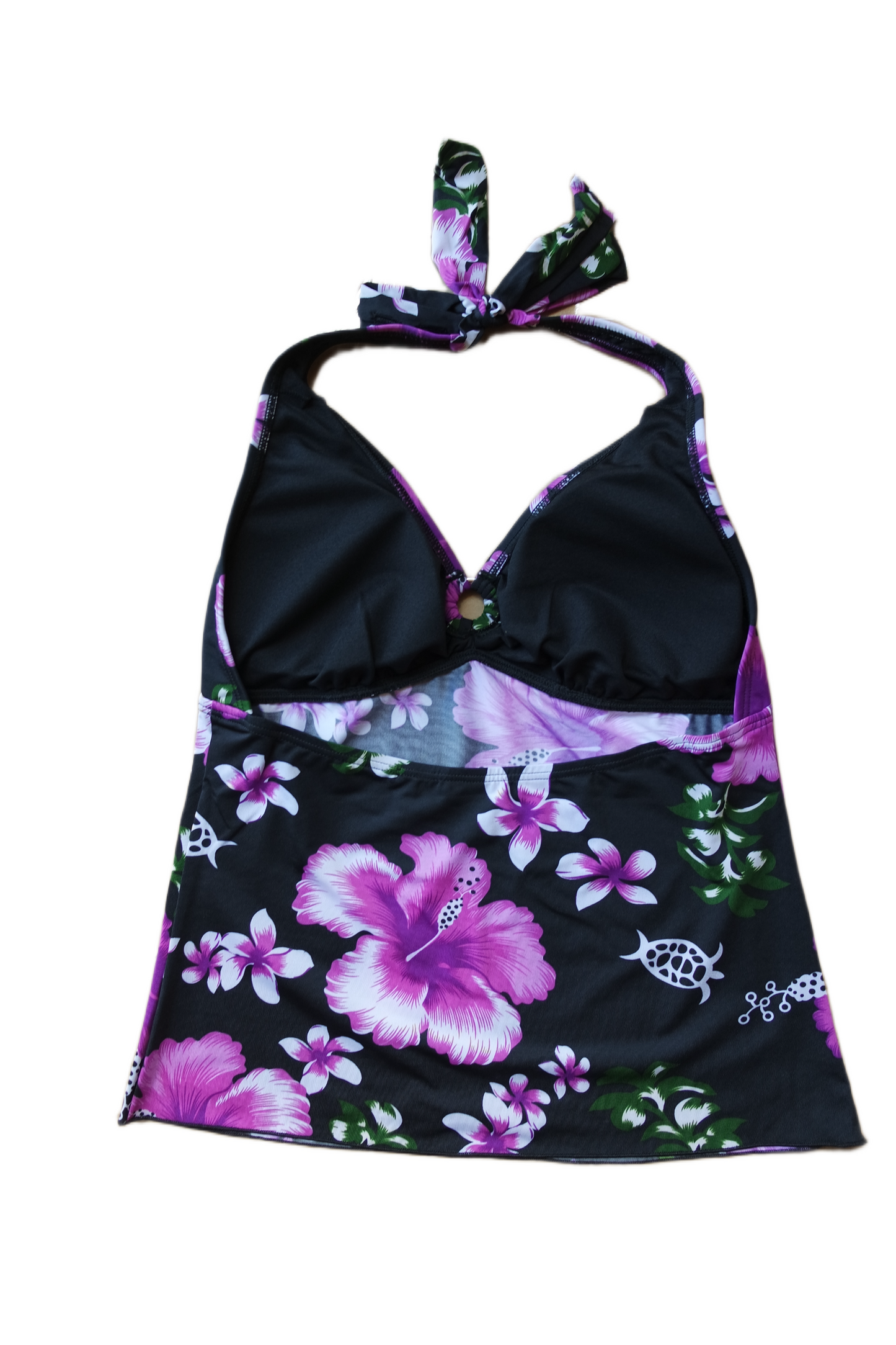 Two Piece Tying Halter Top Tankini Set - Black With Purple Hibiscus Pattern with Black Shorts