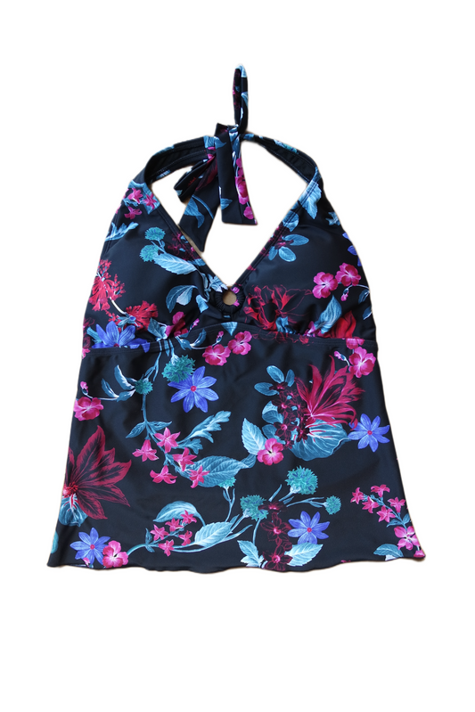 Two Piece Tying Halter Top Tankini Set - Black With Pink and Blue Flowers with Black Shorts
