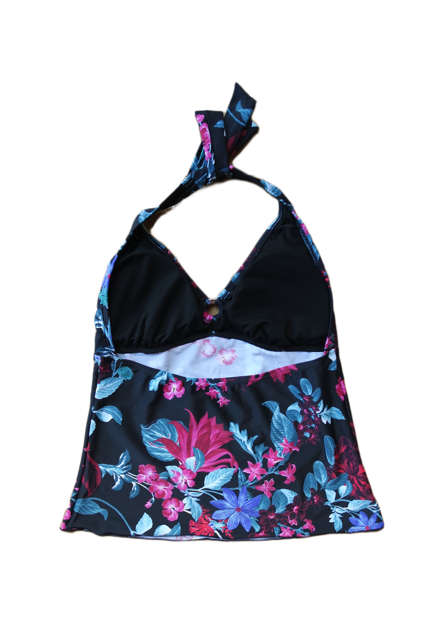 Two Piece Tying Halter Top Tankini Set - Black With Pink and Blue Flowers with Black Shorts