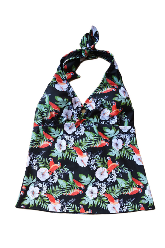 Two Piece Tying Halter Top Tankini Set - Black with Flowers and Parrots with Black Shorts
