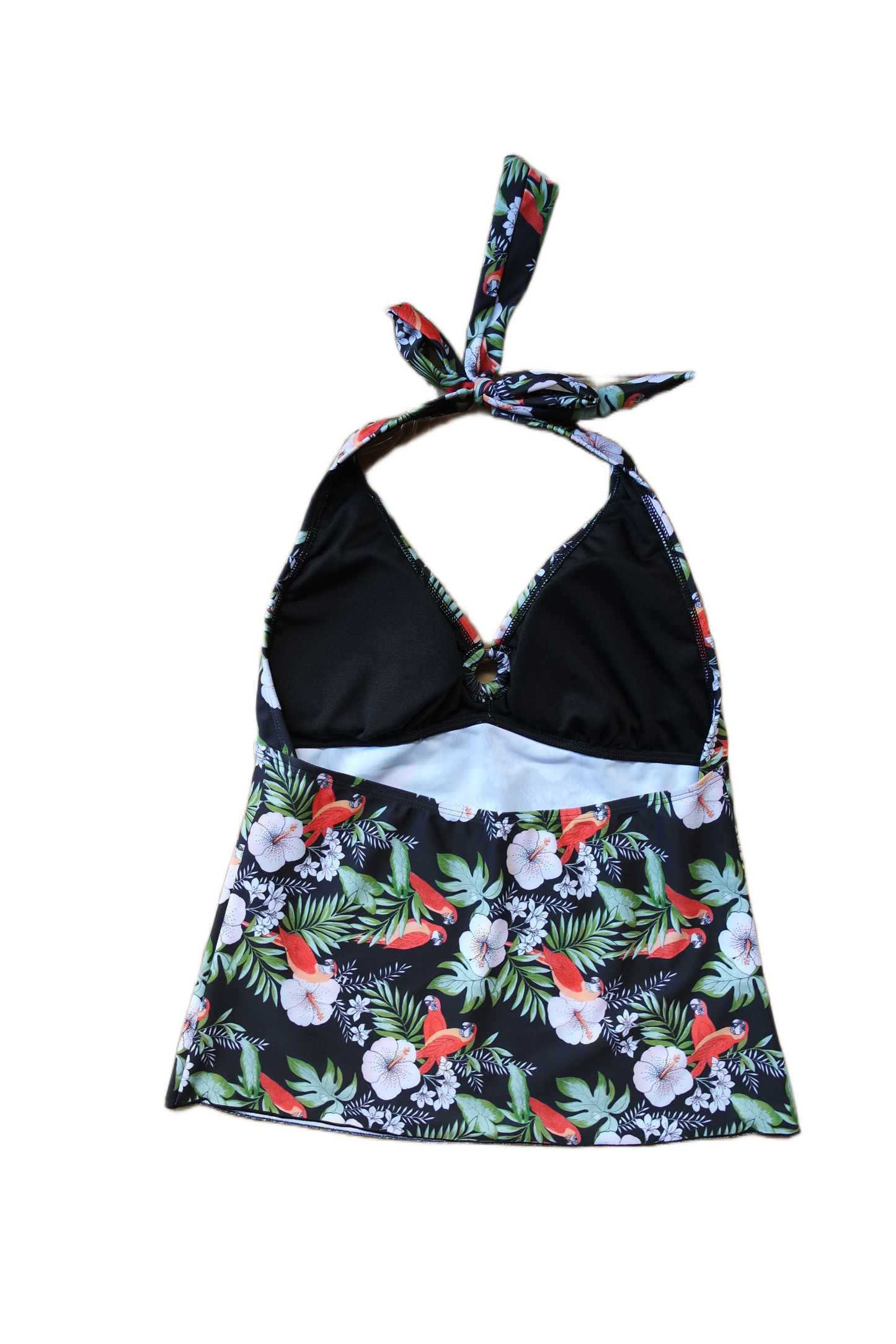 Two Piece Tying Halter Top Tankini Set - Black with Flowers and Parrots with Black Shorts