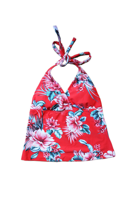 Two Piece Tying Halter Top Tankini Set - Red with Pink Flowers with Black Shorts