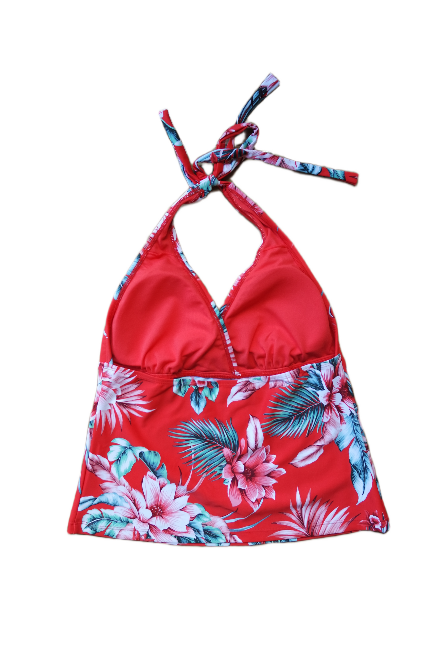 Two Piece Tying Halter Top Tankini Set - Red with Pink Flowers with Black Shorts