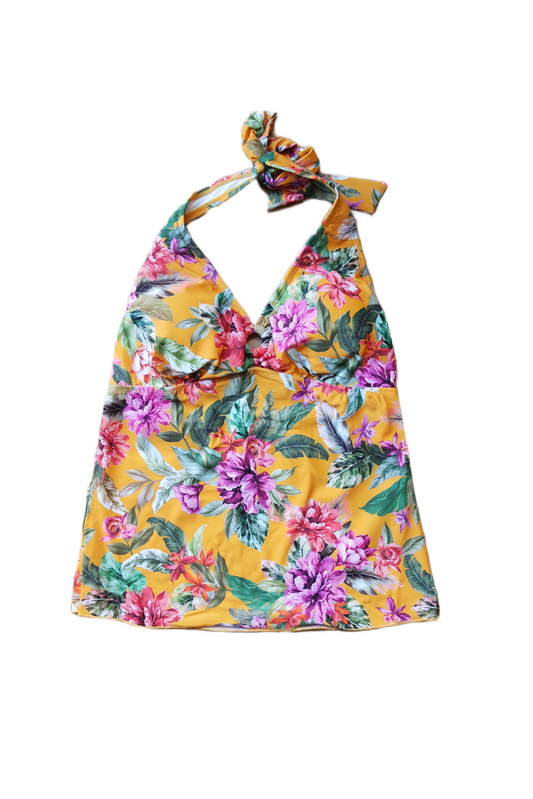 Two Piece Tying Halter Top Tankini Set - Yellow with Purple and Pink Flowers, with Black Shorts