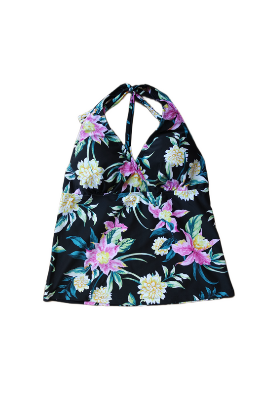 Two Piece Tying Halter Top Tankini Set - Black with Purple and White Flowers, with Black Shorts