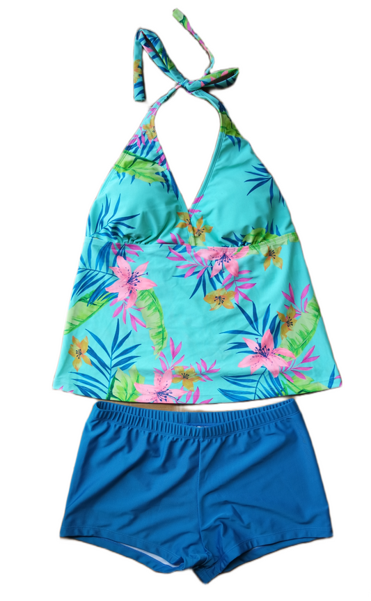 Two Piece Tying Halter Top Tankini Set - Teal with Tropical Flowers, with Blue Shorts