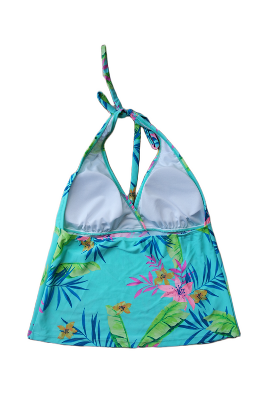 Two Piece Tying Halter Top Tankini Set - Teal with Tropical Flowers, with Blue Shorts