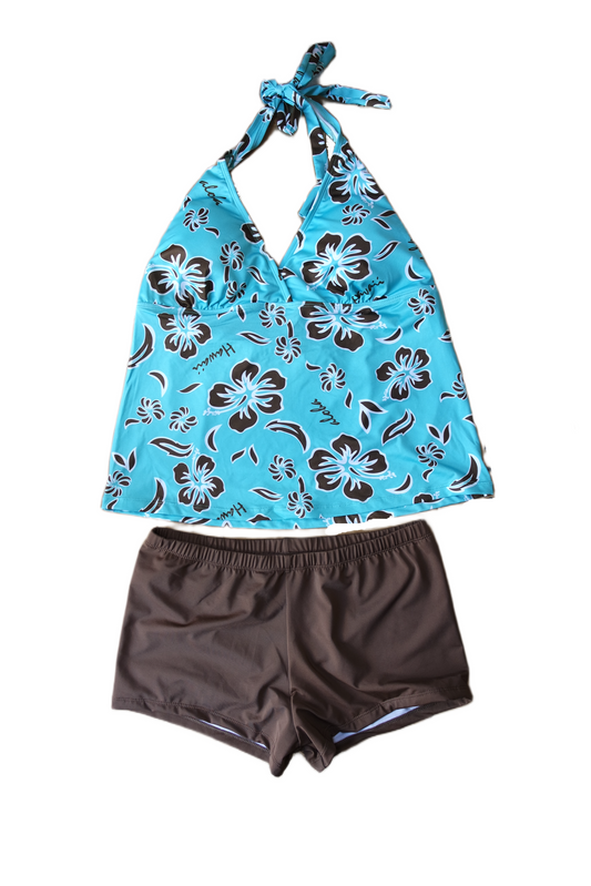 Two Piece Tying Halter Top Tankini Set - Teal with Brown Hibiscus Flowers, with Brown Shorts