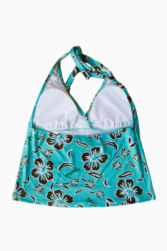 Two Piece Tying Halter Top Tankini Set - Teal with Brown Hibiscus Flowers, with Brown Shorts