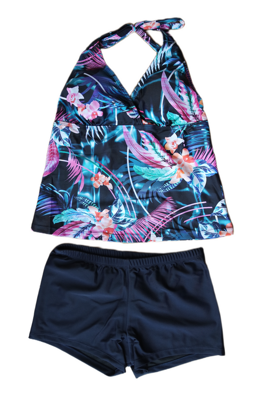 Two Piece Tying Halter Top Tankini Set - Dark Navy with Flowers, with Dark Navy Shorts