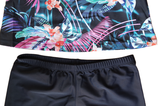 Two Piece Tying Halter Top Tankini Set - Dark Navy with Flowers, with Dark Navy Shorts