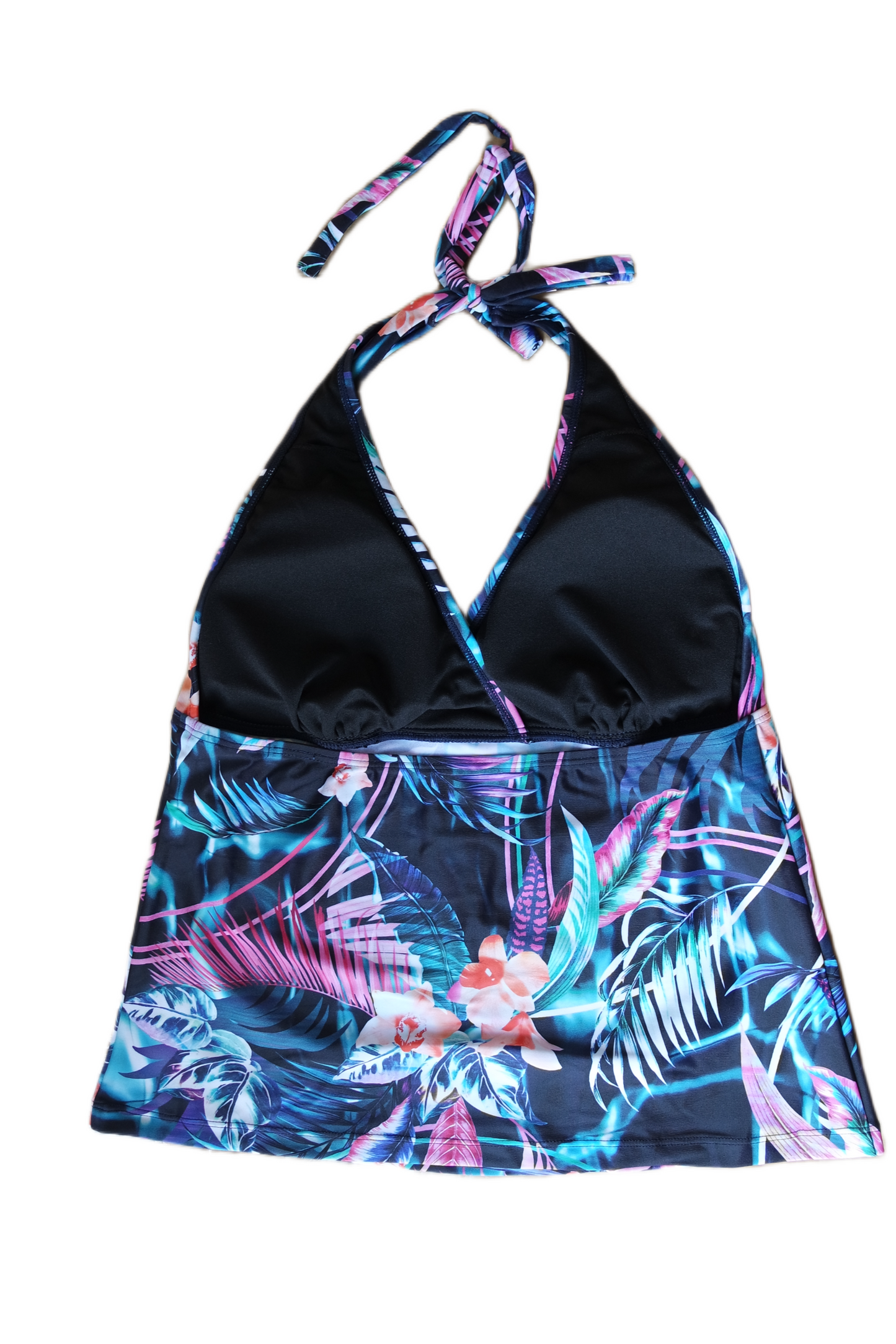 Two Piece Tying Halter Top Tankini Set - Dark Navy with Flowers, with Dark Navy Shorts