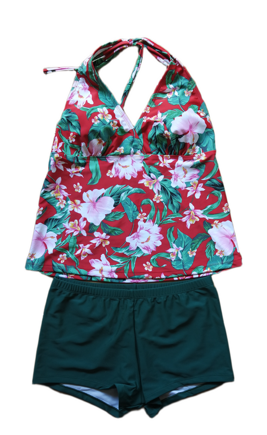 Two Piece Tying Halter Top Tankini Set - Red with Pink Flowers, with Dark Green Shorts