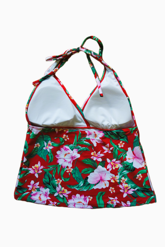 Two Piece Tying Halter Top Tankini Set - Red with Pink Flowers, with Dark Green Shorts