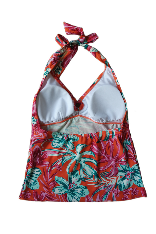 Two Piece Tying Halter Top Tankini Set - Orange with Multicolored Hawaiian Floral Pattern, with Dark Green Shorts (Copy)