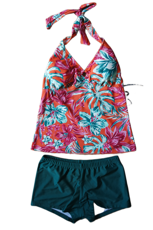 Two Piece Tying Halter Top Tankini Set - Orange with Multicolored Hawaiian Floral Pattern, with Dark Green Shorts (Copy)